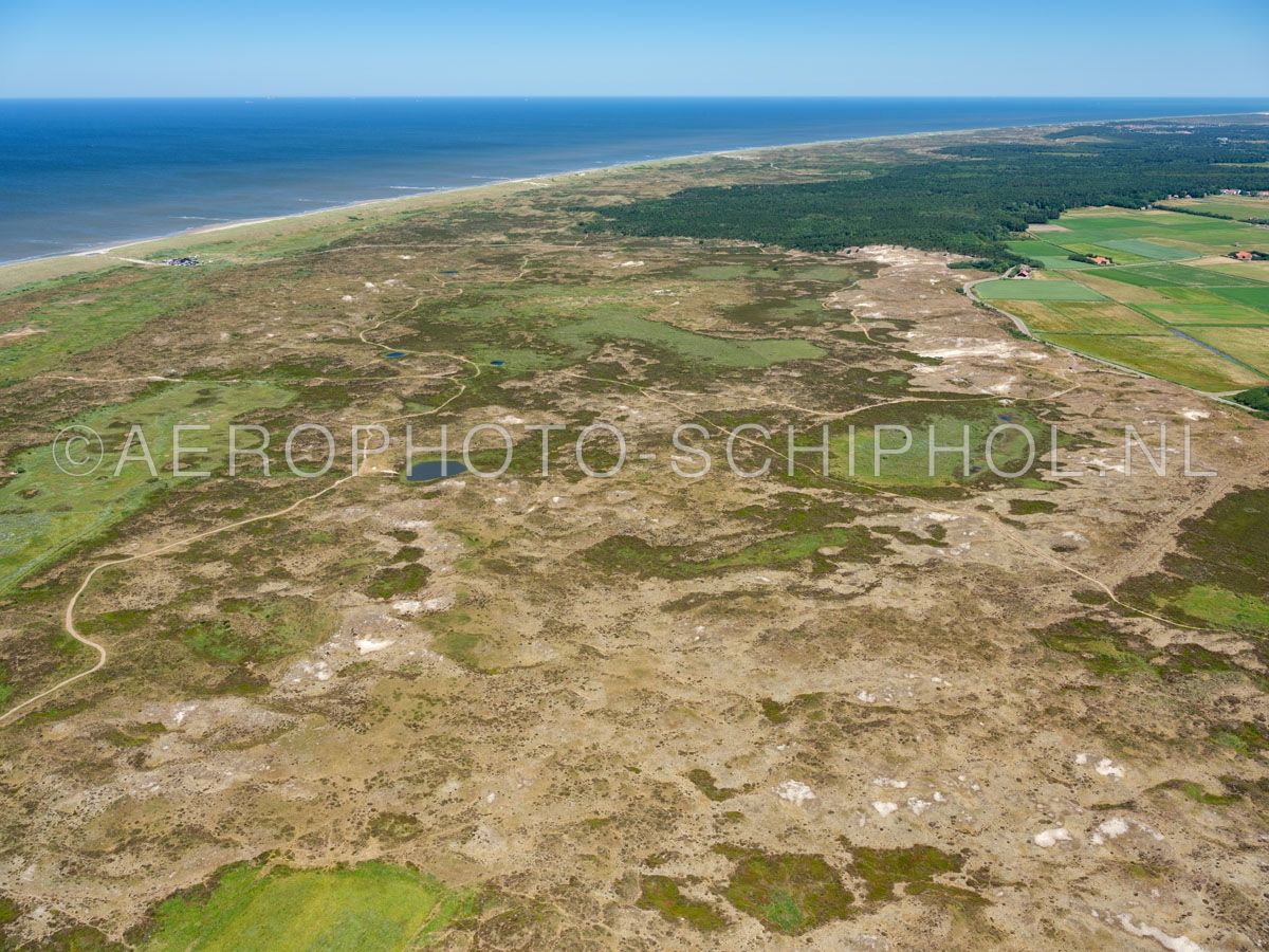 luchtfoto |  Texel, De Bollekamer, Oude Mientgronden, Nationaal Park Duinen van Texel. De Oude Mientgronden zijn natte stukken duinheide die vroeger gemeenschappelijk werden gebruikt. opn. 01/07/2018